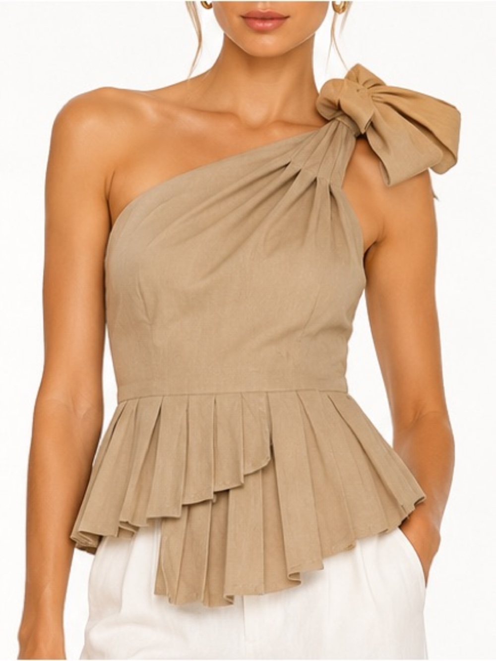 Sea New York One Shoulder Bow Pleated Peplum Linen Blend Top Beige Size 4